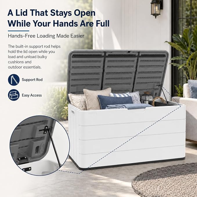 ADDOK 110 Gallon Outdoor Deck Box, Large Waterproof Resin Storage Box with Lid Support Rod, Lockable Lid and Side Handles, Patio Cushion Storage Bench for Poolside, Garden and Backyard, White