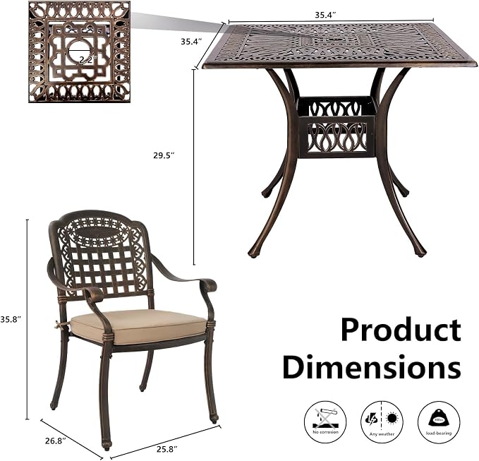 Grepatio 5 Piece Cast Aluminum Patio Dining Set Outdoor Furniture Set Patio Garden Set with 4 Mesh Ding Chairs, 4 Khaki Cushions and 35.4" Square Patio Table 2.4" Umbrella Hole, Antique Bronze