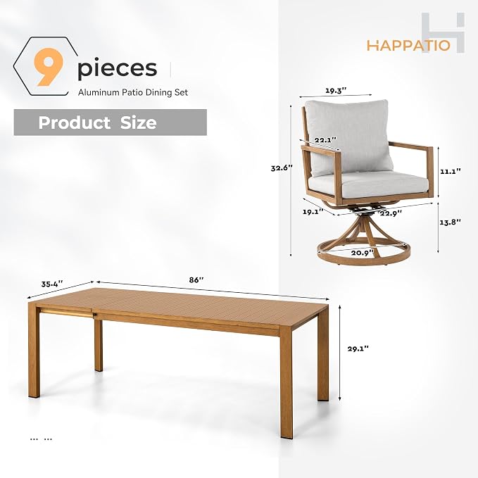 HAPPATIO Expandable Aluminum Outdoor Dining Set,9-Piece Patio Aluminum Dining Set with Wood-Like Hand-Painted Finish,8 Swivel Rockers with Expandable Table for Lawn, Garden, Backyard