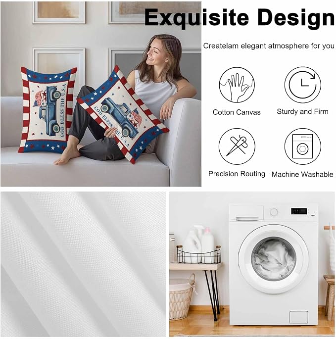 Independence Day Outdoor Throw Pillow Cover Farm Blue Truck American Flag Star Waterproof Cushion Covers 2 Pack Patriotic Red Plaid Pillow Cases Home Decoration for Patio Garden Couch Sofa 20x12In
