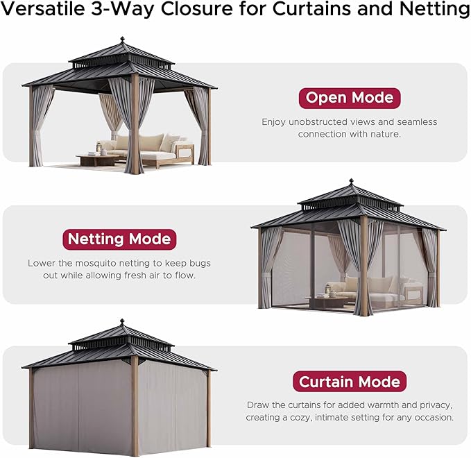 SUNJOY Kingston 12' x 12' Hardtop Wood Gazebo with Galvanized Steel Double Roof, Curtain and Netting, Cedar Posts Permanent Pavilion Gazebo for Garden, Patio, Deck, Lawn