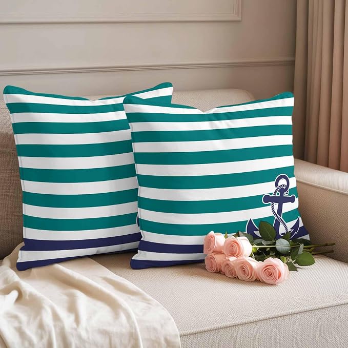 Throw Pillow Covers 18x18 Inch Set of 2, Anchor Teal Waterproof Outdoor Cushion Covers, Modern Navy Blue White Striped Nautical Decorative Pillowcases for Couch, Sofa, Bed, Garden, Patio
