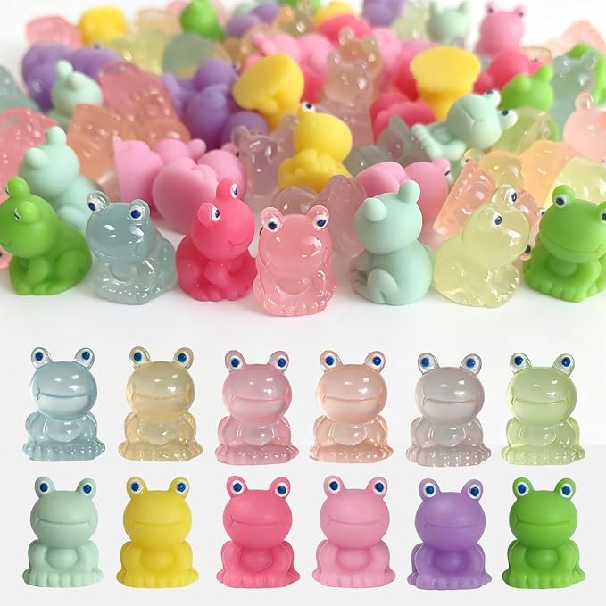 Mini Resin Frog Figures to Hide, 72 PCS Tiny Plastic Frogs Small Little Resin Animal Figurines Miniature Festival Rave Trinkets Bulk Glow in the Dark for Micro Fairy Garden Aquarium Decor