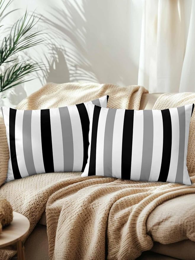 Outdoor Pillows Waterproof, Black Gray Striped Bedding Throw Pillows with Insert for Couch Sofa Bed, Farmhouse Stripe Art 12x20 Inch Pillowcases Decorative Camping Patio Pillow Set of 2