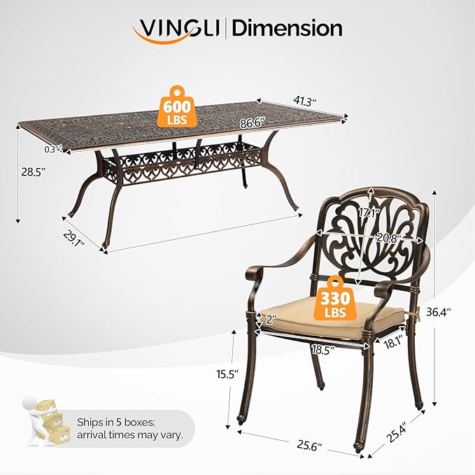VINGLI 9 Pieces Outdoor Dining Set, Cast Aluminium All-Weather Patio Dining Set for 8 with Umbrella Hole, Outdoor Dining Table and Chairs with Cushion for Yard, Garden, Porch and Poolside, Bronze