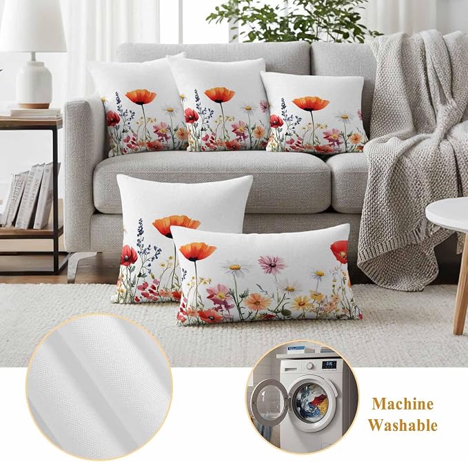 Pastoral Flowers Outdoor Waterproof Throw Pillow Covers Set of 2, 20"x20", Colorful Daisy Floral Leaves Watercolor Decorative Pillow Covers Outside Cushion Case for Patio Porch Garden