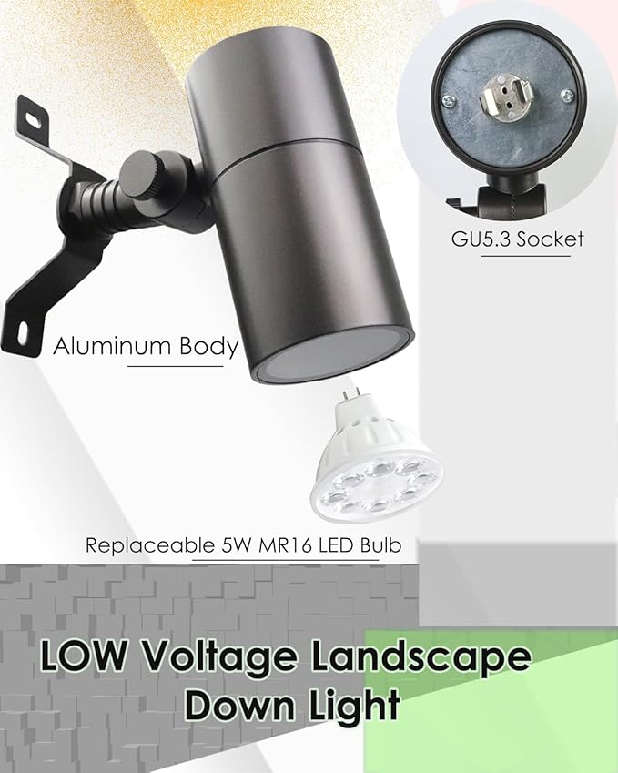 Landscape Down Lighting Low Voltage Spot Lights Outdoor LED Wall Mounted Low Voltage Tree Lights Cast Aluminum Free 5W MR16 LED Bulb Stainless Steel Mounting Bracket 2-Count