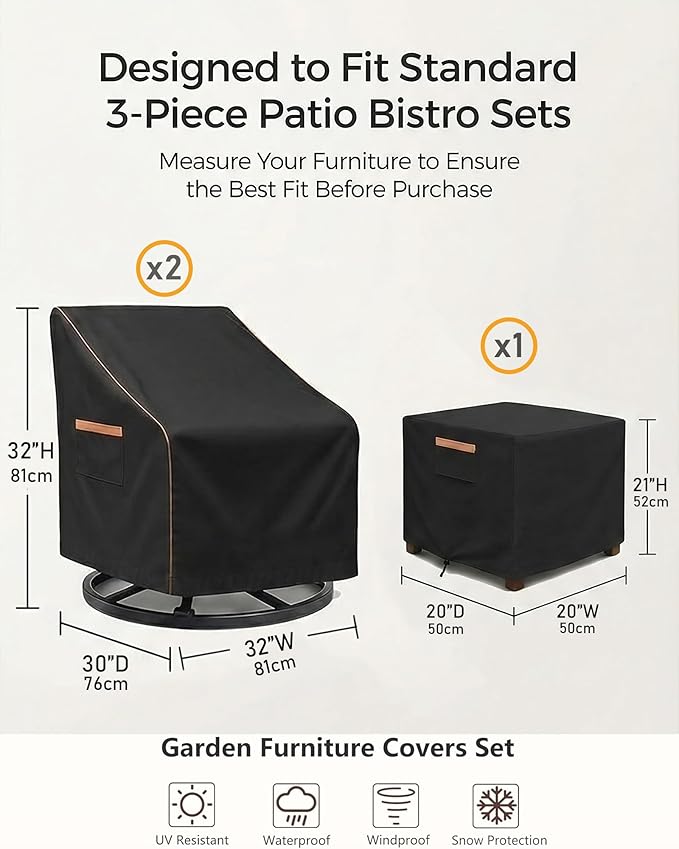 3-Piece Patio Furniture Cover Set for Bistro Sets, Waterproof Outdoor Furniture Covers for 2 Chairs & Coffee Table, Heavy Duty 600D, UV Resistant, All-Season Protection for Patio, Porch & Backyard