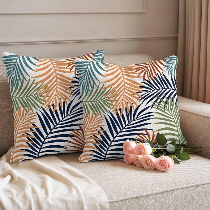 Outdoor Waterproof Throw Pillow Covers, Colorful Palm Leaves Decorative Pillow Cases, Summer Botanical Tropical Leaf Couch Pillow Protector Patio Sofa Cushion Covers Replacement 24"x24" 2 Pack