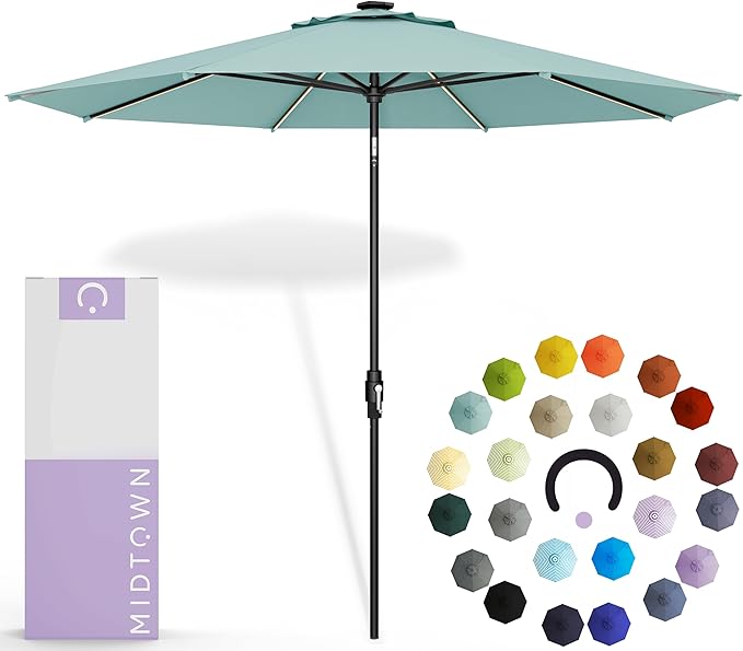 Midtown Umbrellas The LED Swilt 10 Feet Patio Umbrella With Terylast Seawater (Aqua) Polyester Fabric - Auto-Tilt Aluminum Frame With LED Lights For Backyard, Deck, Garden, Pool - Black Pole