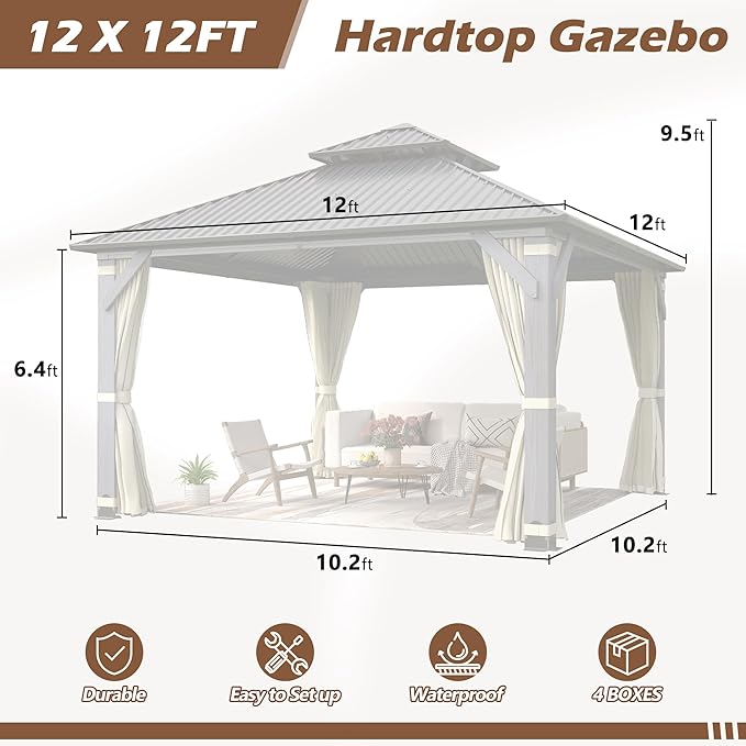 12' x12' Wood Gazebo, Outdoor Hardtop Gazebo with Wood Posts and Galvanized Steel Doule Roof, Wooden Frame Gazebos with Netting and Curtains for Patio Backyard Deck Garden