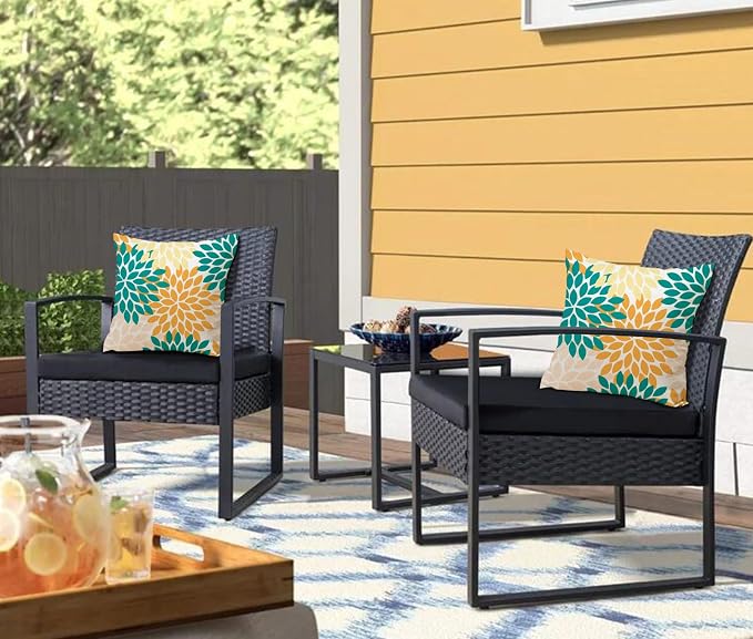 Yellow Blue Dahlia Floral Outdoor Pillow Covers 18x18 Set of 2 Waterproof Abstract Flower Summer Decorative Outdoor Pillow Covers for Patio Furniture Porch Couch Home Decoration (Teal Orange)