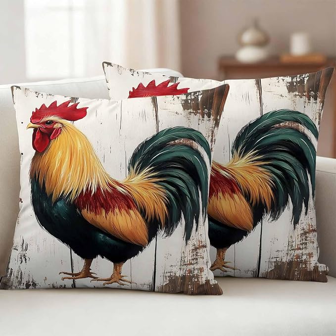Vintage Rooster Outdoor Waterproof Throw Pillow Covers 24x24 Set of 2, Retro Farmhouse Rooster Watercolor Decorative Pillowcases Cushion Pillowcase for Couch Sofa Patio Outside Pillow Protector