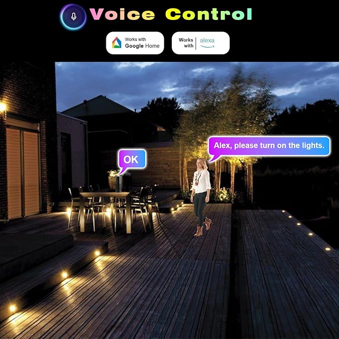 FVTLED WiFi Deck Lights, WiFi Controlled 30pcs Low Voltage LED Deck Lights Kit Φ1.38 Outdoor Recessed Step Stair Warm White LED Lighting Compatible with Alexa Google Home, Black
