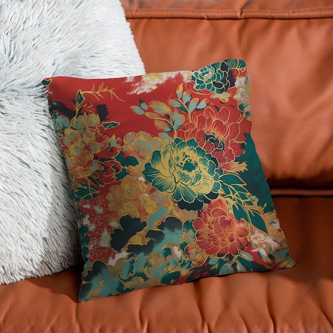 Animal Tiger Stripe Colorful Chinoiserie Pillowcase Peony Floral Asian Cushion Cover 18x18 INModern Accent Throw Pillow Covers Farmhouse Decorative for Bedroom Sofa Bench Porch