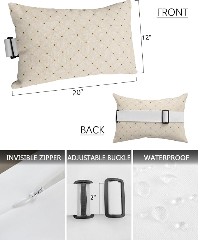 Outdoor Pillows Waterproof Covers Set of 2, Ivory Diamond Pattern Adjustable Elastic Chaise Lounge Head Resting Pillows, Geometric Plaid Lines Lumbar Pillow for Pool Beach Patio Furniture 20x12 Inch