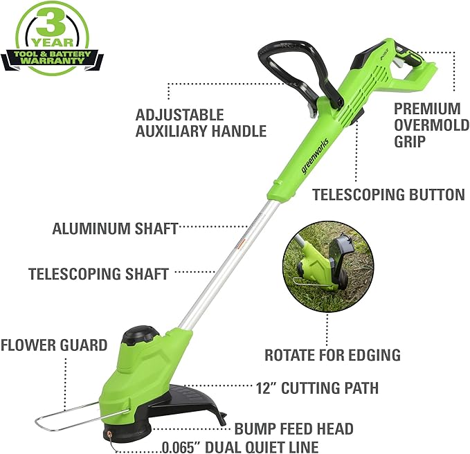 Greenworks 24V 12” TORQDRIVE String Trimmer, 0.065" Trimmer Line, 2Ah USB Battery and Charger