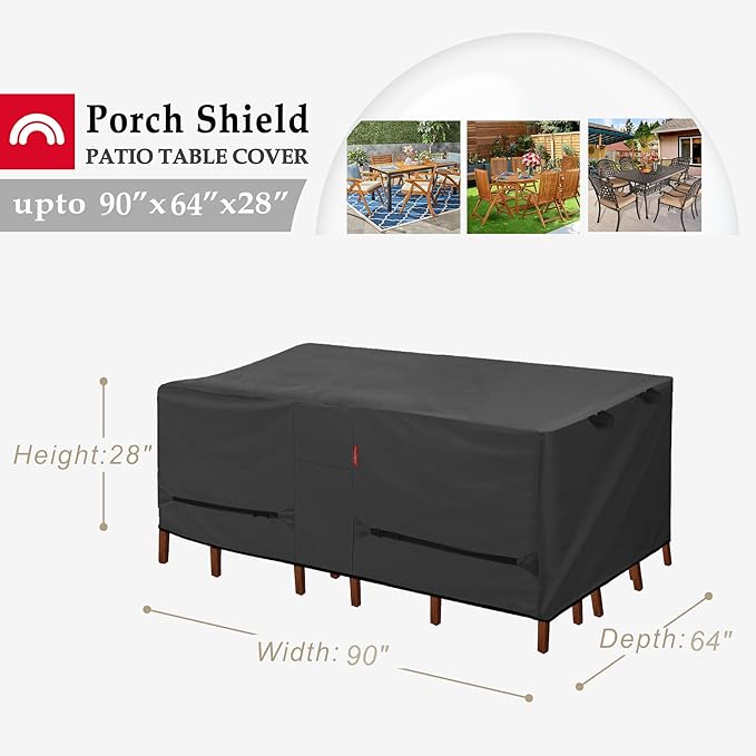 Porch Shield Patio Table Cover - Waterproof Outdoor Dining Table and Chairs Furniture Set Cover Rectangular - 90 x 64 inch, Black