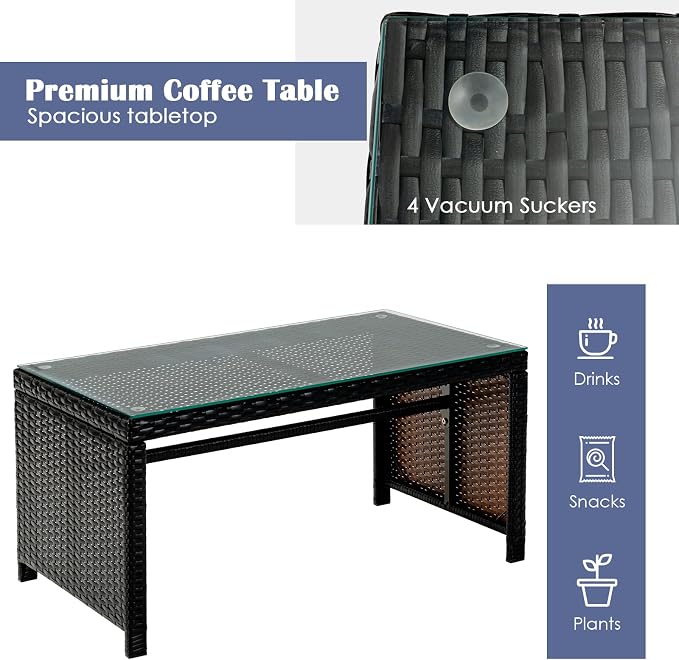 Tangkula 4 Pieces Rattan Furniture Set, Outdoor Conversation Set w/Chair & Loveseat & Tempered Glass Coffee Table, Suitable for Garden, Backyard, Poolside, Patio Furniture Set for 4 (1, Black)