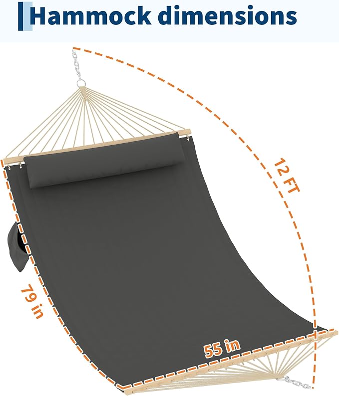 Double Quilted Hammock for 2 Adults – 350cm Large Outdoor Garden Swing Bed with Hardwood Spreader Bars, Detachable Pillow, 450lbs Capacity, Weather-Resistant, Ideal for Patio, Backyard