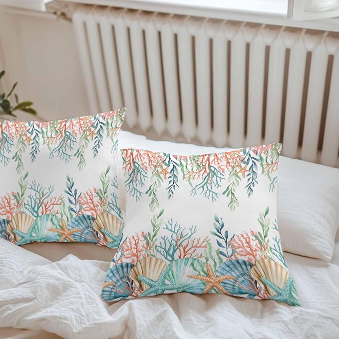 Throw Pillow Covers 26x26 Inch Set of 2, Marine Life Waterproof Outdoor Pillow Covers, Nautical Underwater Coral Shell Starfish Watercolor Decorative Cushion Pillowcases for Couch, Sofa, Bed, Patio