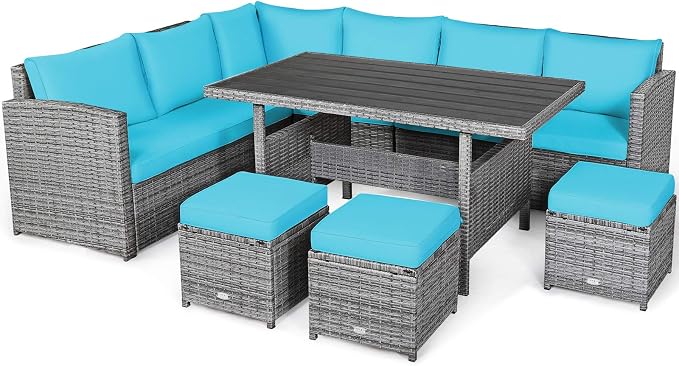 Tangkula 7 Pieces Patio Furniture Set, Outdoor Sectional Rattan Dining Sofa Set with Cushions, All Weather Wicker Conversation Couch Set with Dining Table & Ottomans for Yard Garden Poolside