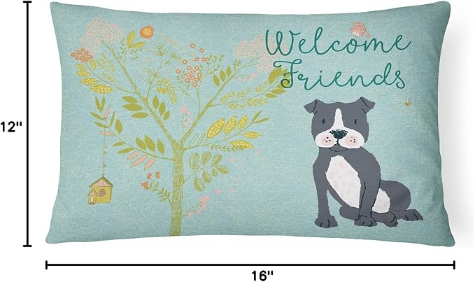 Caroline's Treasures BB7623PW1216 Welcome Friends Black Staffie Canvas Fabric Decorative Pillow Machine Washable, Indoor Outdoor Decorative Pillow for Couch, Bed or Patio, 12HX16W