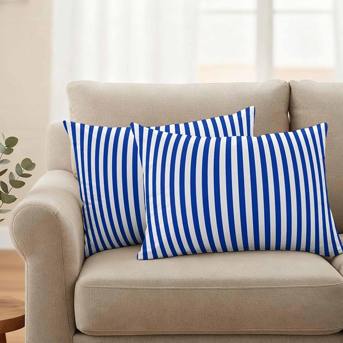 Lumbar Pillow Covers 20x12 Inch Set of 2, Navy Blue Stripe Waterproof Outdoor Cushion Covers, Modern White Vertical Striped Geometric Decorative Pillowcases for Couch, Sofa, Bed, Garden, Patio