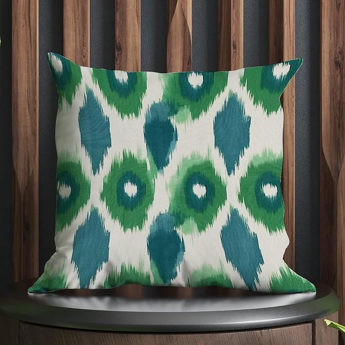 Green and Aqua Bukhara Ikat Pillow Cover Peacock Strip Print Throw Pillow Cover Rustic Decorative Cushion Covers Home Decor for Patio Garden Sofa Chairs 18x18 in