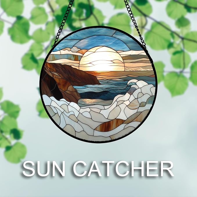 DASTOLL Stained Glass Window Hanging 4 Pcs Set Ocean Waves 7.8" - Blue and White Sea Suncatcher Door Garden Sun Catcher Decor Birthday Christmas for Mom Woman Nana Men