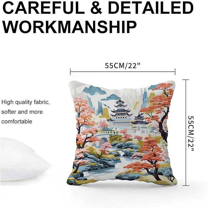 Chinoiserie Pagoda White Coral Blue Throw Pillow Covers Chinoiserie Chic Asian Throw Pillow Cover Rustic Farmhouse Decor Pillow for Sofa Patio Couch 22x22 in