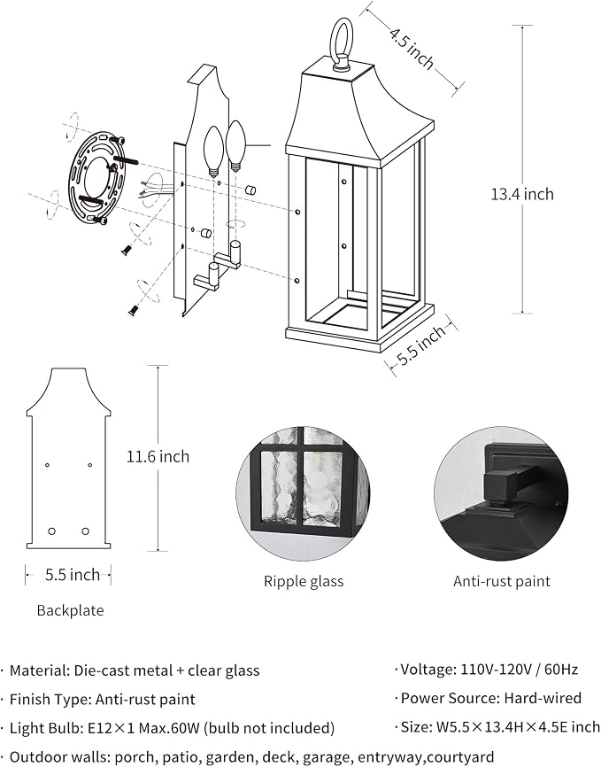 Patio Wall Light Fixtures, Black Waterproof Outdoor Wall Sconce 2pcs | Outdoor Wall Lights with Tempered Glass Shade, Outside Wall Lanterns for Patio, House, Garage, Front Door Entryway, H13.4"