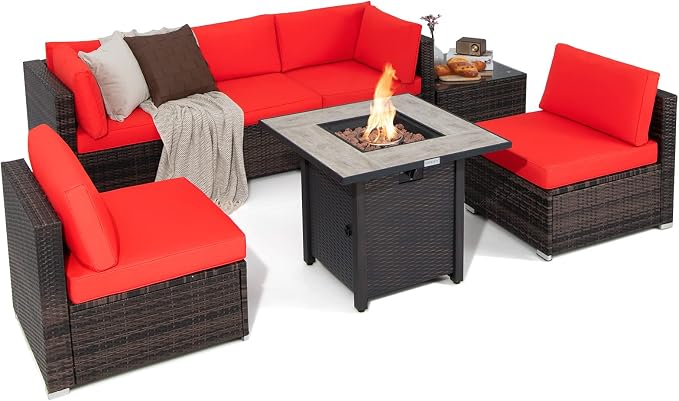 Tangkula 7 Piece Patio Furniture Set with Fire Pit Table, Patiojoy Outdoor PE Wicker Conversation Sectional Sofa Set with 30 Inches 50,000 BTU Propane Fire Pit Table, Waterproof PVC Cover (Red)