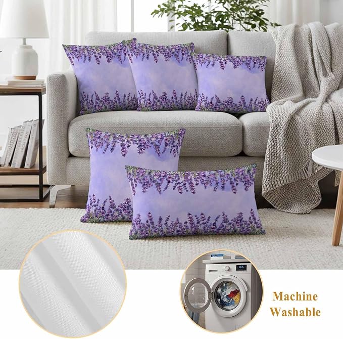 Outdoor Waterproof Throw Pillow Covers Set of 2 Lavender Spring Flowers Pillowcases 16x16 Inches Purple Floral Leaves Decorative Pillows Cushion Case Patio Pillows for Couch Bed Chair Garden