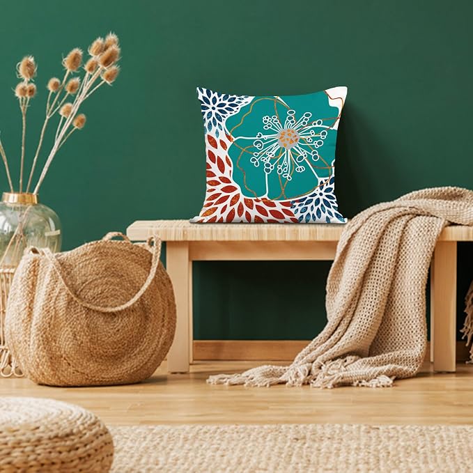 Teal Dahlia Flower Burst Outdoor Waterproof Pillow Covers 18x18 Decorative Abstract Floral Outdoor Throw Pillows Cushion Cases for Patio Furniture, Couch, Porch Set of 2