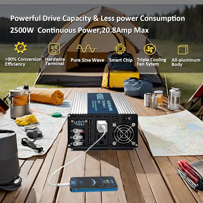 WZRELB 2500W Pure Sine Wave Inverter 48V DC to 110V 120V AC with LED Display,Remote Controller,Off-Grid Power Converter 5000W Surge with Dual AC Outlets, Hardwire Terminal for Home, RV, Truck, Camping