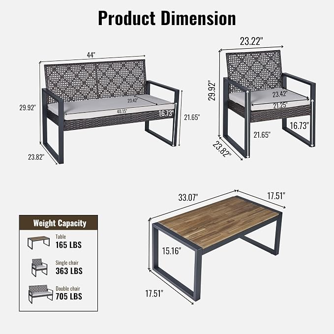 4 Piece Patio Furniture Set, Wicker Rattan Outdoor Furniture with Cushion, Patio Conversation Sets with Chairs Loveseat and Coffee Table for Outdoor, Porch, Yard, Poolside, Balcony, Lawn (Brown)
