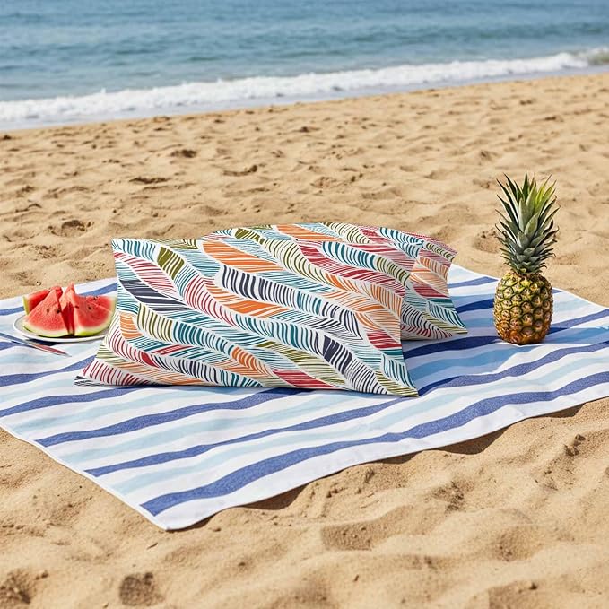 Vandarllin Outdoor Throw Pillows Covers 20x12 inch Set of 2 Waterproof Summer Beach Decorative Zippered Cushion Covers for Patio Furniture, Orange Blue Abstract Leaf Lines Lumbar Pillowcases