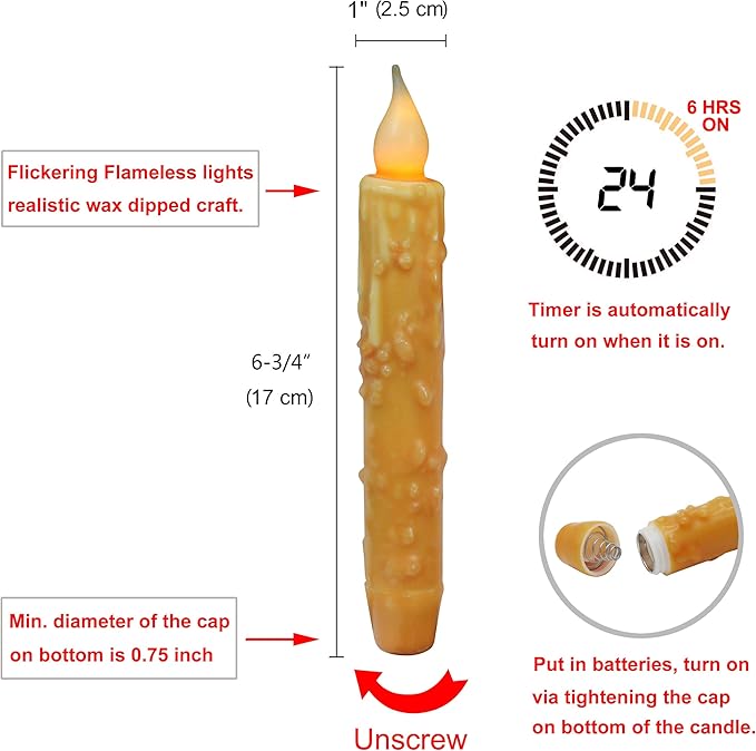 CVHOMEDECO. Real Wax Hand Dipped Battery Operated LED Timer Taper Candles Rustic Primitive Flameless Lights Decor, 6-3/4 Inch, Orange, 2 PCS in a Package