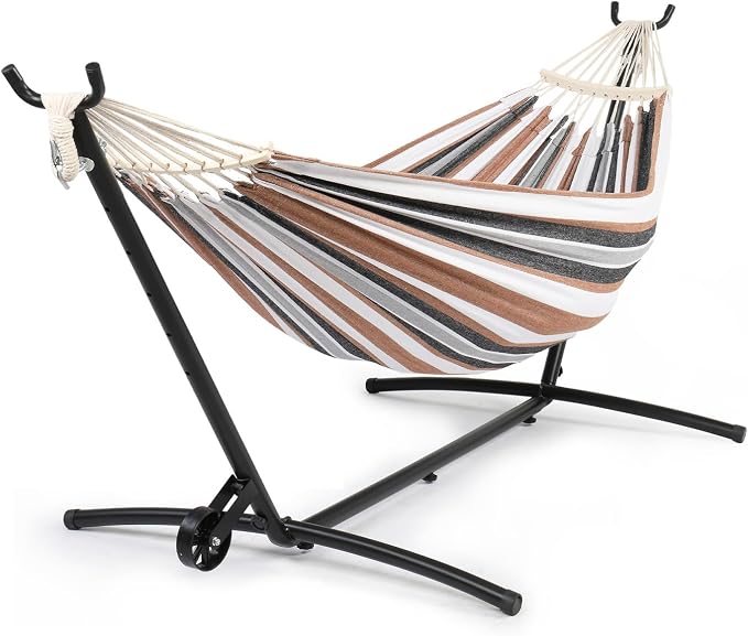 ONCLOUD Double Hammock with Spreader Bar & Heavy-Duty 9ft Steel Wheel Stand, Brazilian Hammock Set, Portable Hammock with Stand for Outside, Backyard, Camping, Includes Carry Bag, 550lb, Desert Strip
