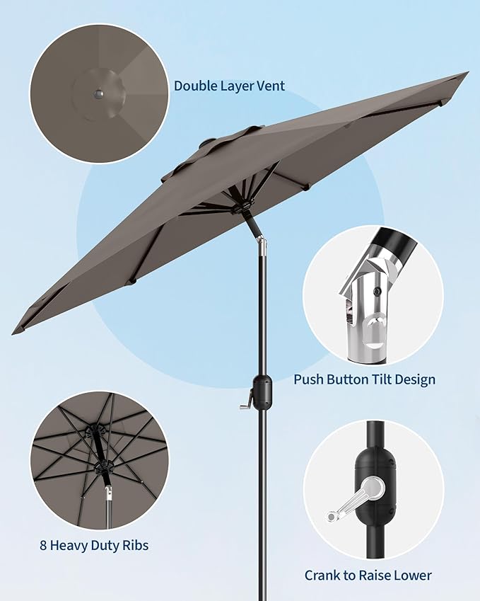 PeakPursuit 9FT Patio Umbrella Outdoor, Market Umbrella, Table Umbrella with Push Button Tilt and Crank, 8 Sturdy Ribs UV Protection Waterproof for Garden, Pool, Deck, Backyard