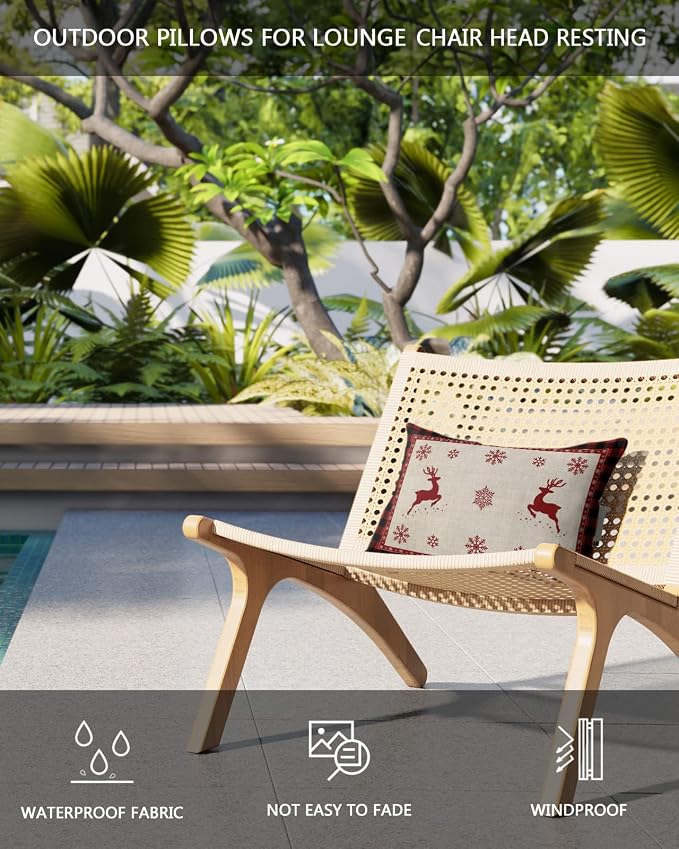 Outdoor Pillows Covers with Inserts Christmas Elk Snowflake Red Black Buffalo Plaid Waterproof Pillow with Adjustable Strap Throw Pillows for Patio Furniture Recliner Lounge Chair, 11x16 inch, 1PCS