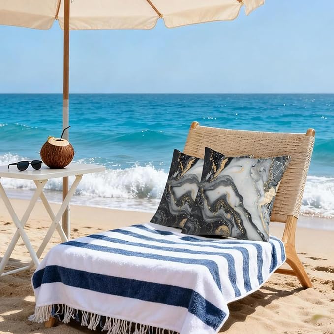 22x22 Inch Outdoor Pillow Covers Set of 2 Waterproof Throw Pillow Covers Decorative Couch Cushion Covers Black Grey Marble Square Pillowcases Protectors for Patio Garden Sofa