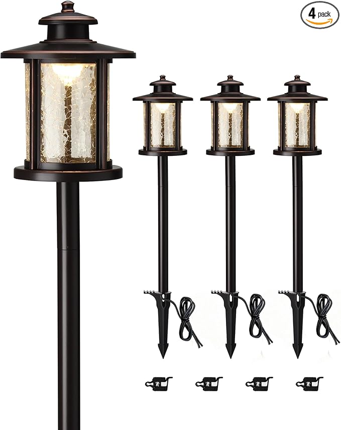 LITFIT Low Voltage Landscape Lighting, 12V 3.4W 155LM 3000K Outdoor Path Lights with Connectors, Crackled Shade, ORB Finish, Waterproof Aluminum LED Walkway Light Wired for Garden Yard, 4 Pack