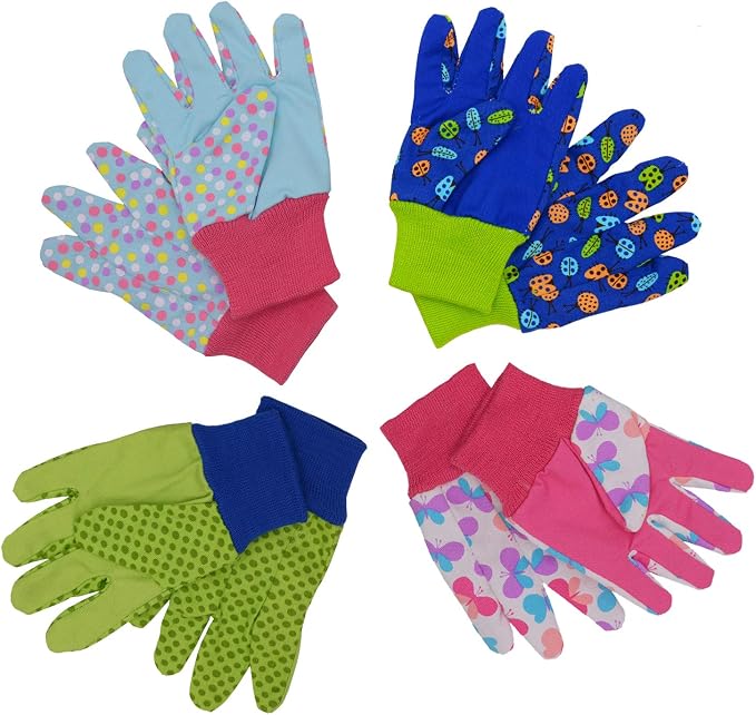 HANDLANDY 2 Pairs Kids Gardening Gloves, Cotton Kids Work Gloves, Green, M | Girls Boys Children Garden Yard Work Play Cycling Gloves with Knit Wrist, Cute Pattern, Gift