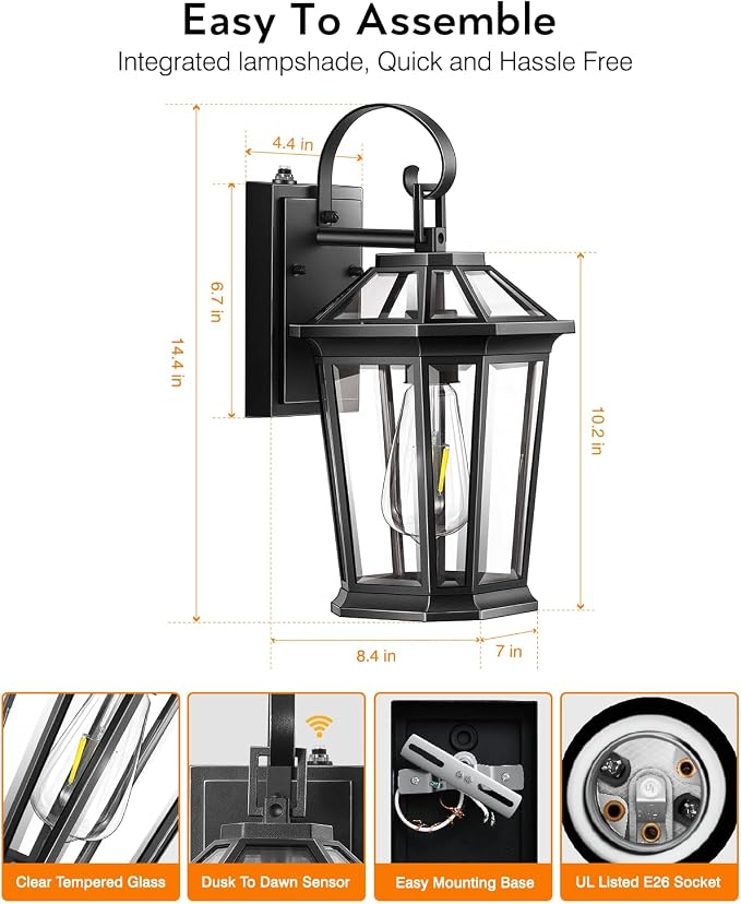 VIANIS Dusk to Dawn Outdoor Wall Lighting, Exterior Light Fixture Wall Mount for House Front Porch Light, Black Anti-Rust Aluminium Modern Outside Coach Lantern with Tempered Glass Shade for Garage