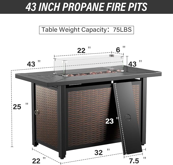 Belord Patio Furniture Set with Fire Pit Table - 8 Piece Outdoor Wicker Furniture Set with 43" 50000 BTU Propane Fire Pit and Rocking Chairs Patio Conversation Set for Deck Outside Backyard Black