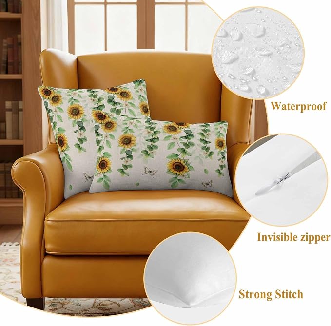 Sunflowers Butterfly Waterproof Outdoor Pillow Covers Set of 2 Home Decor, Spring Floral Pastoral Rustic Pillowcase Patio Pillow Covers for Couch Bench Furniture Garden 20x20in