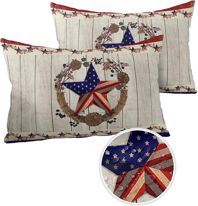 4th of July Waterproof Pillow Covers for Couch Throw Pillow Cases Set of 2, Farm Country Star USA Flag Decorative Cushion Pillow Covers 20x12In,Indoor Outdoor Decoration Berry Plant Wreath Wood Grain