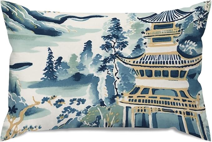 Rectangular Cushion Cover Blue and White Chinoiserie Pagoda Asian Cushion Cases Rustic Ming Rain Chinoiserie Pillow Cover Accent Farmhouse Decor Pillow for for Home Decor Sofa Car 12x18in